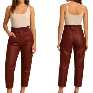 Zara Maroon Paperbag Waist‎ Coated Tapered Pants High Rise Small